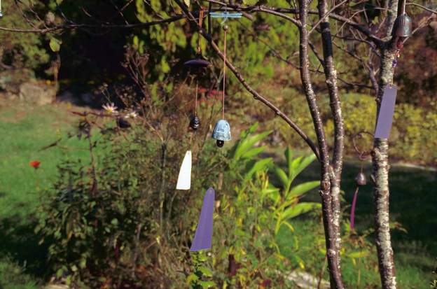 clochettes Dans le prunus du massif de Coline, les clochettes japonaises dont Martine a refait plusieurs fois les câblages, qui ne résistent guère au vent d'autan ; ou...